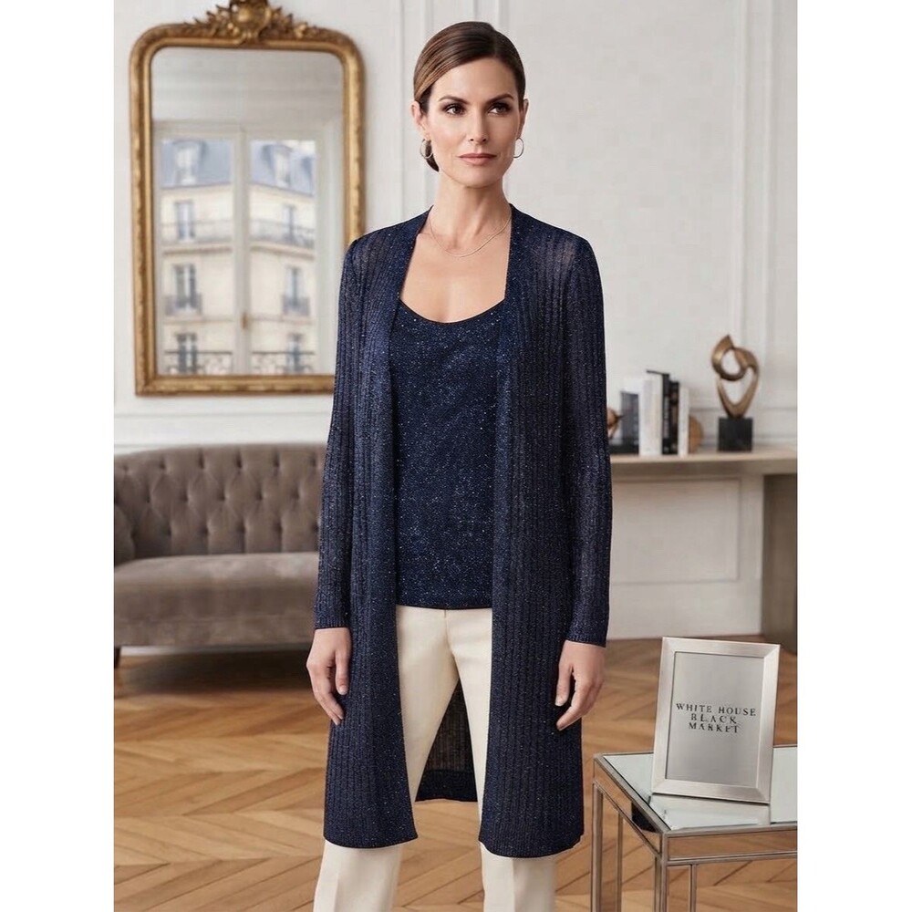 WHBM Match Knit Cover-Up and Cami Metallic Navy Open Cardigan SZ M NWT